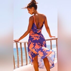 New Sage + Paige Floral Cowl Neck Midi Dress Sz M Blue Orange Open Back Wedding